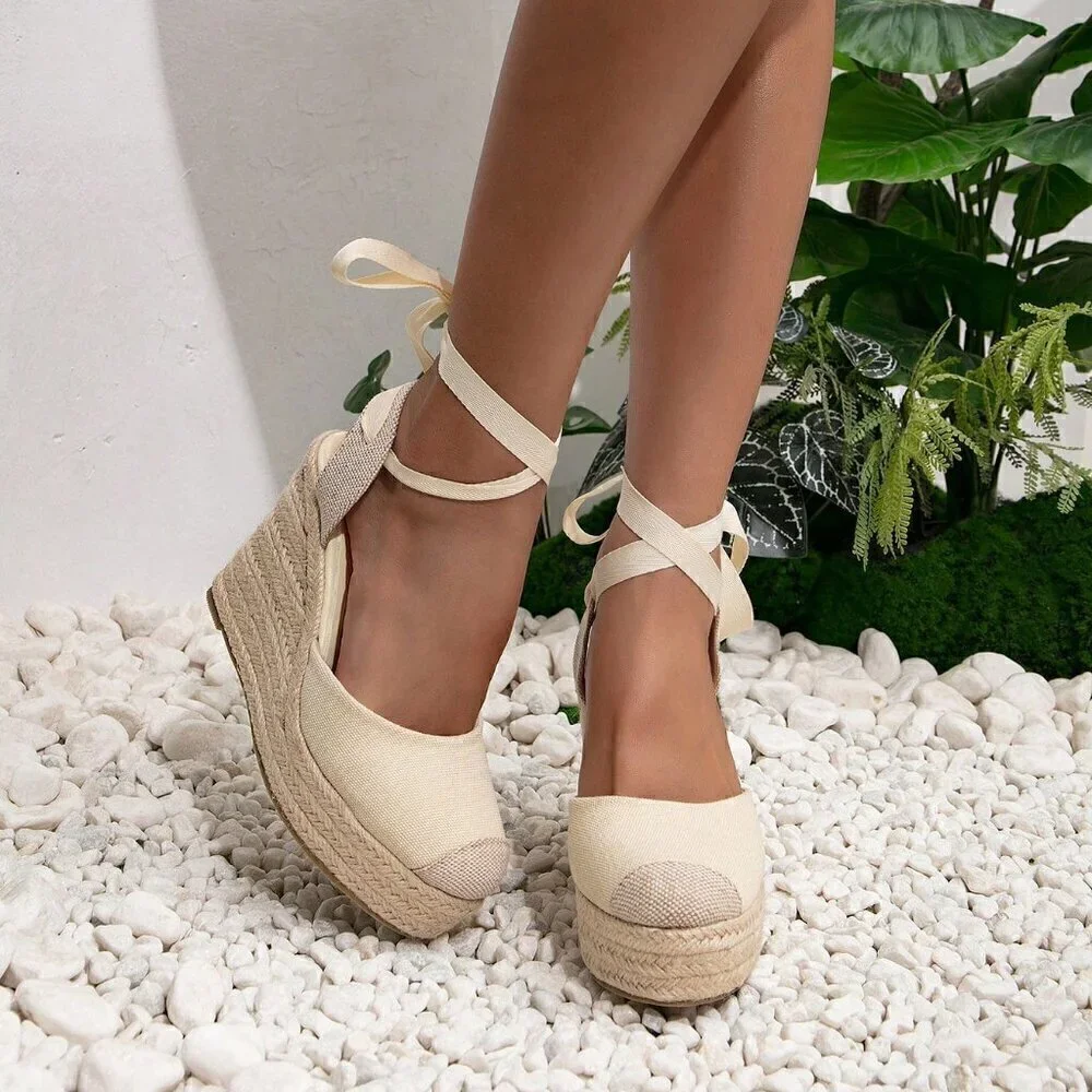 Apricot Boho Women's Vacation Tie Leg Design Espadrille Wedge Shoes
